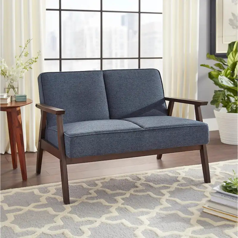 Causeuse style scandinave 2 places en tissu aspect lin bleu/gris/jaune