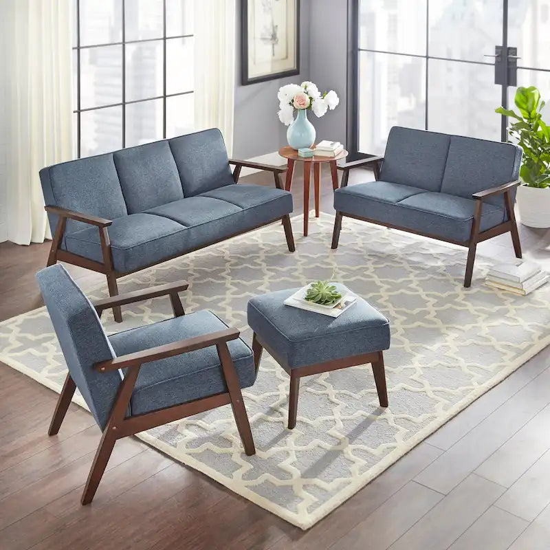 Causeuse style scandinave 2 places en tissu aspect lin bleu/gris/jaune