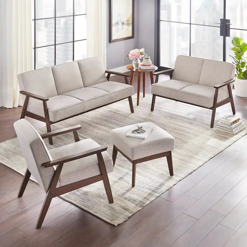 Causeuse style scandinave 2 places en tissu aspect lin bleu/gris/jaune