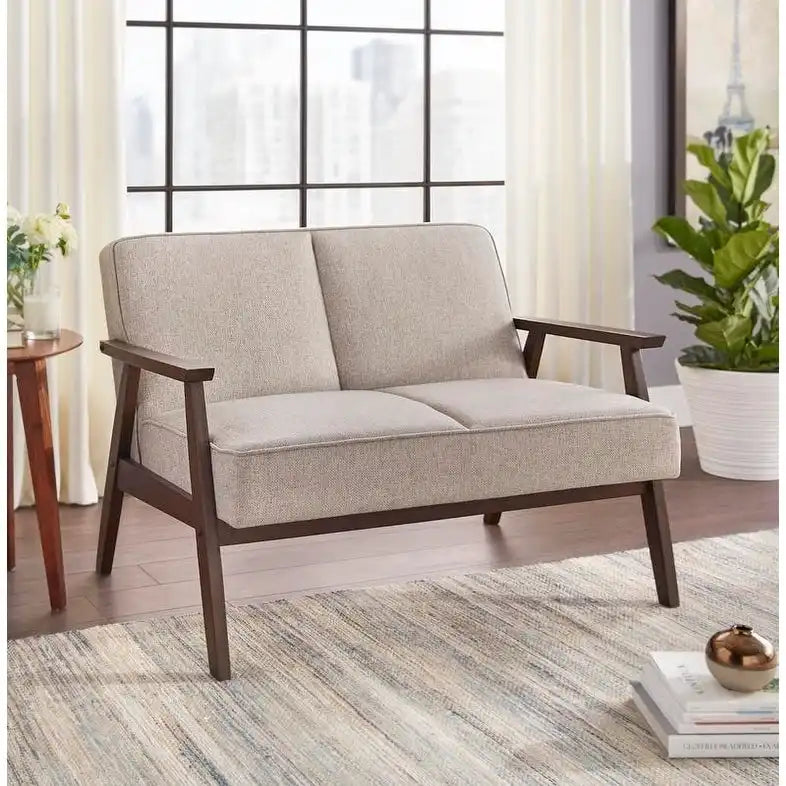 Causeuse style scandinave 2 places en tissu aspect lin bleu/gris/jaune
