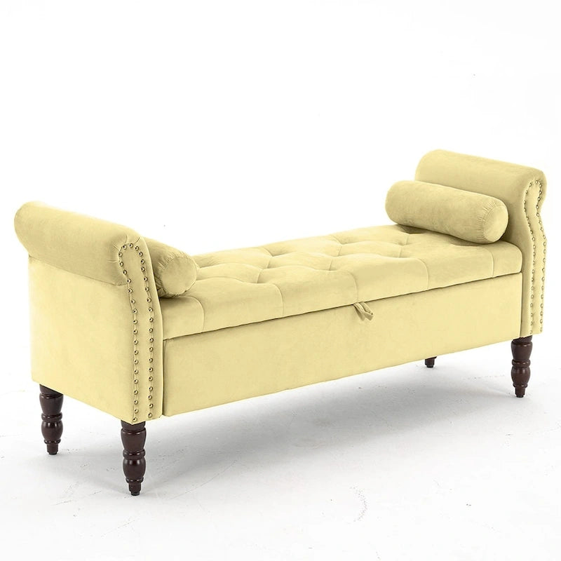 Banc de rangement en velours et similicuir avec accoudoirs roulés – Simple – Jaune / Noir / Rose / Gris / Beige / Vert / Marron