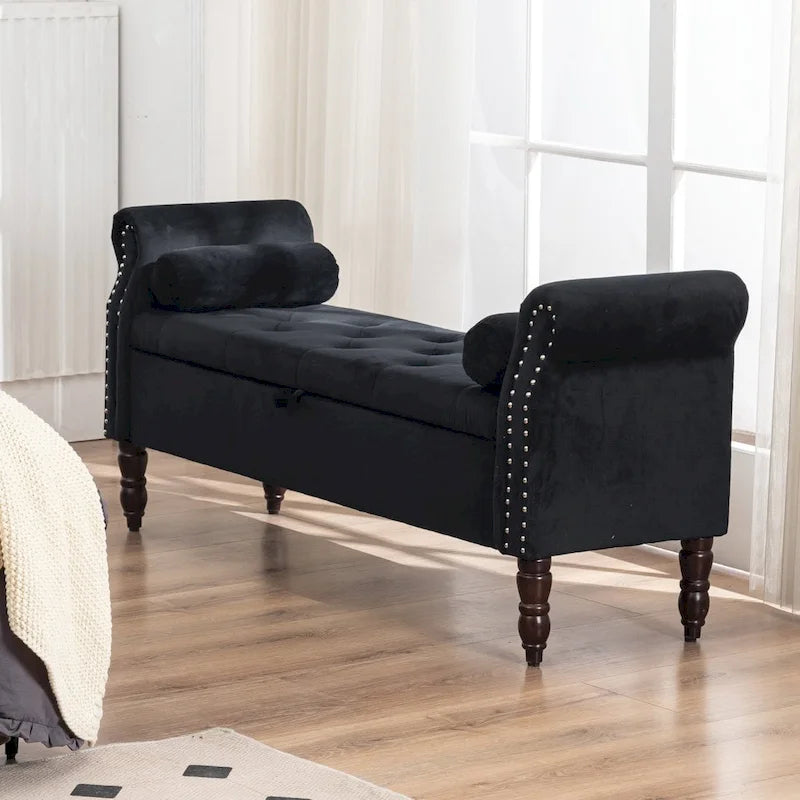 Banc de rangement en velours et similicuir avec accoudoirs roulés – Simple – Jaune / Noir / Rose / Gris / Beige / Vert / Marron