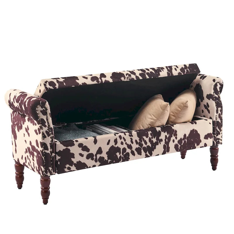 Banc de rangement en velours et similicuir avec accoudoirs roulés – Simple – Jaune / Noir / Rose / Gris / Beige / Vert / Marron