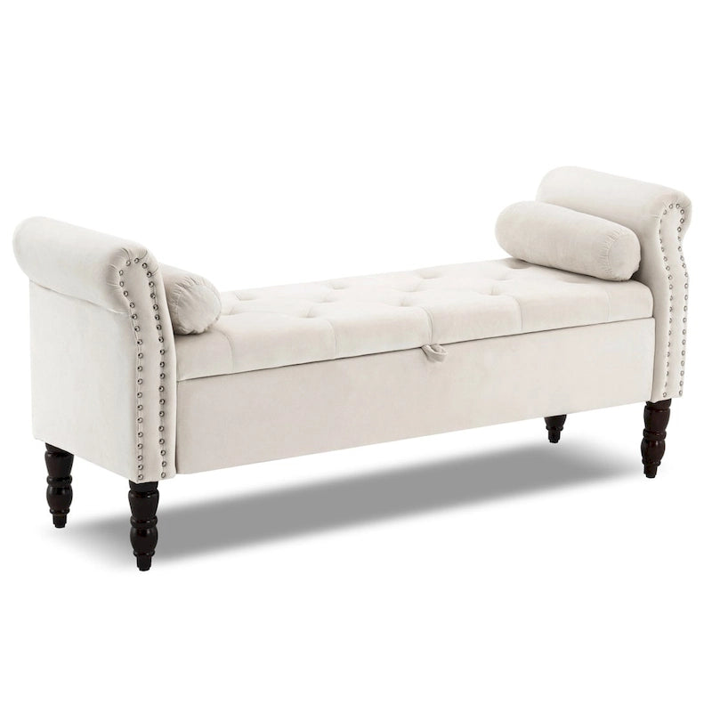 Banc de rangement en velours et similicuir avec accoudoirs roulés – Simple – Jaune / Noir / Rose / Gris / Beige / Vert / Marron