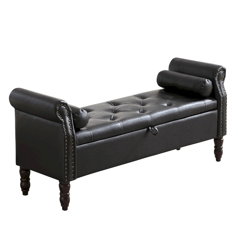 Banc de rangement en velours et similicuir avec accoudoirs roulés – Simple – Jaune / Noir / Rose / Gris / Beige / Vert / Marron