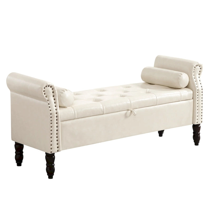 Banc de rangement en velours et similicuir avec accoudoirs roulés – Simple – Jaune / Noir / Rose / Gris / Beige / Vert / Marron