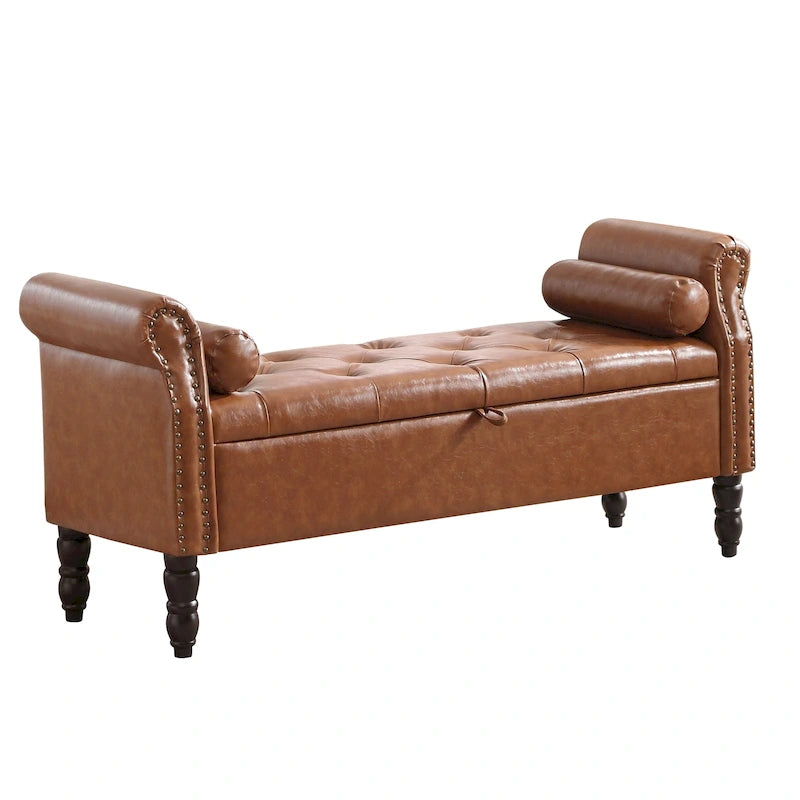 Banc de rangement en velours et similicuir avec accoudoirs roulés – Simple – Jaune / Noir / Rose / Gris / Beige / Vert / Marron