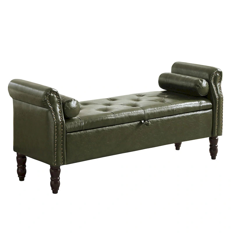 Banc de rangement en velours et similicuir avec accoudoirs roulés – Simple – Jaune / Noir / Rose / Gris / Beige / Vert / Marron