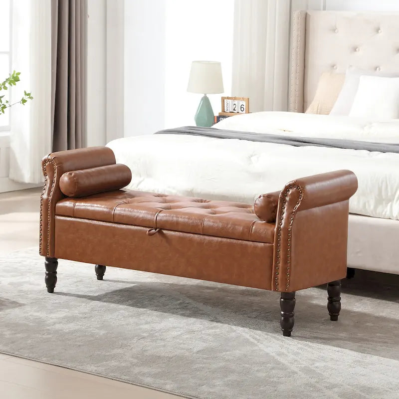 Banc de rangement en velours et similicuir avec accoudoirs roulés – Simple – Jaune / Noir / Rose / Gris / Beige / Vert / Marron