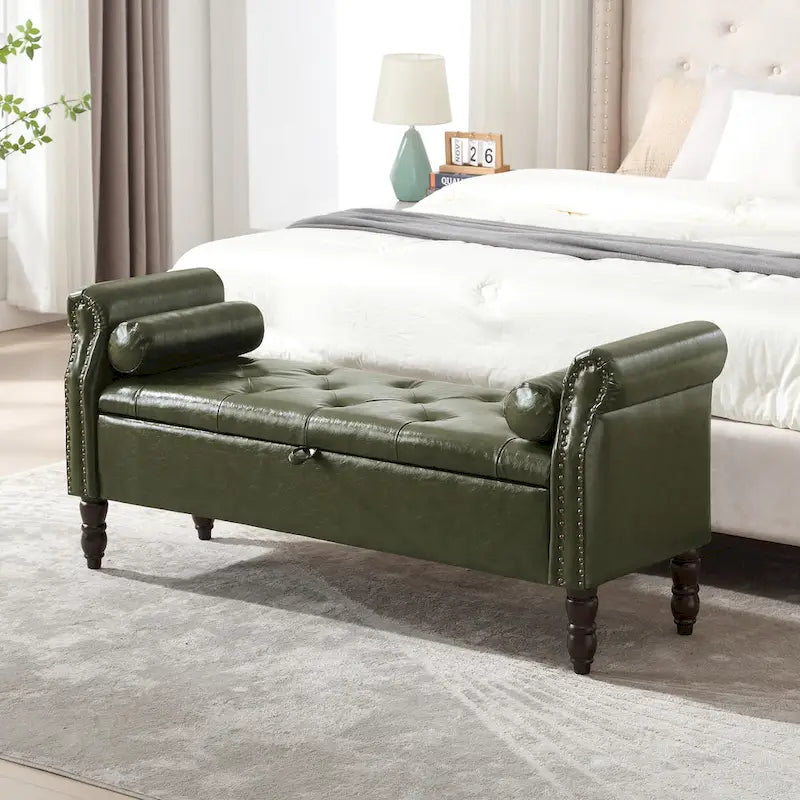 Banc de rangement en velours et similicuir avec accoudoirs roulés – Simple – Jaune / Noir / Rose / Gris / Beige / Vert / Marron