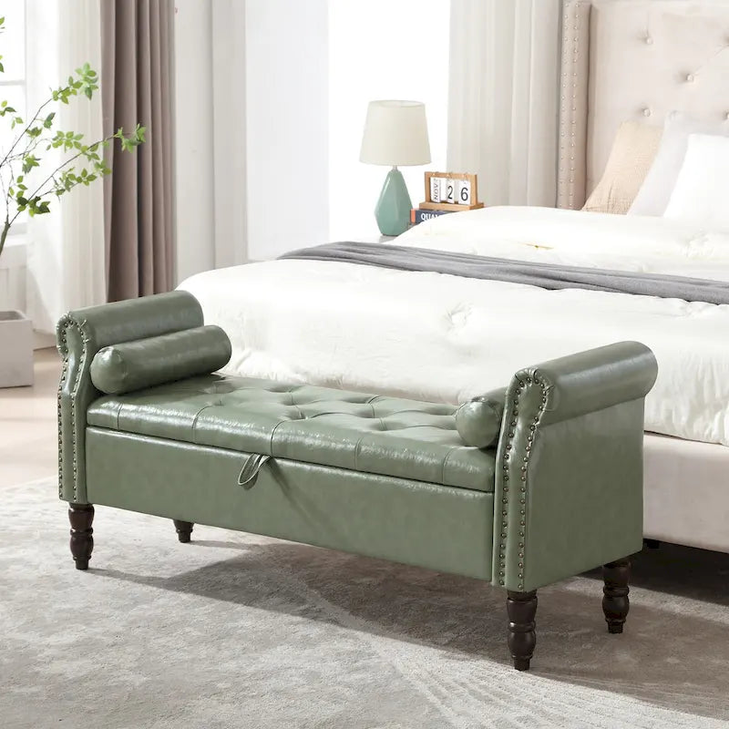 Banc de rangement en velours et similicuir avec accoudoirs roulés – Simple – Jaune / Noir / Rose / Gris / Beige / Vert / Marron