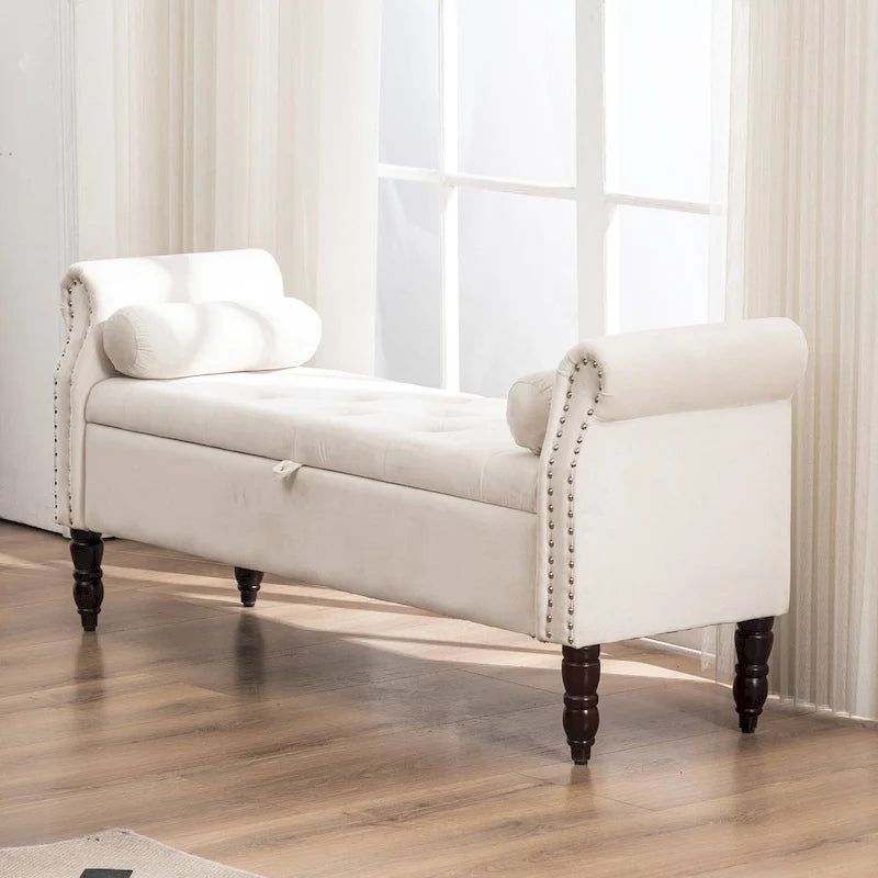 Banc de rangement en velours et similicuir avec accoudoirs roulés – Simple – Jaune / Noir / Rose / Gris / Beige / Vert / Marron