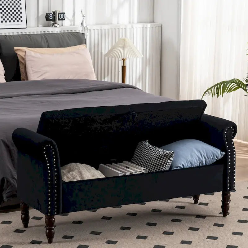 Banc de rangement en velours et similicuir avec accoudoirs roulés – Simple – Jaune / Noir / Rose / Gris / Beige / Vert / Marron