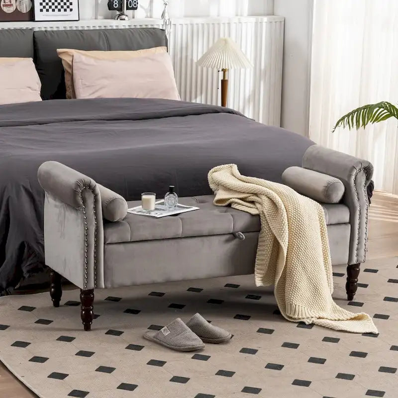 Banc de rangement en velours et similicuir avec accoudoirs roulés – Simple – Jaune / Noir / Rose / Gris / Beige / Vert / Marron