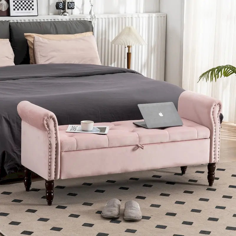 Banc de rangement en velours et similicuir avec accoudoirs roulés – Simple – Jaune / Noir / Rose / Gris / Beige / Vert / Marron