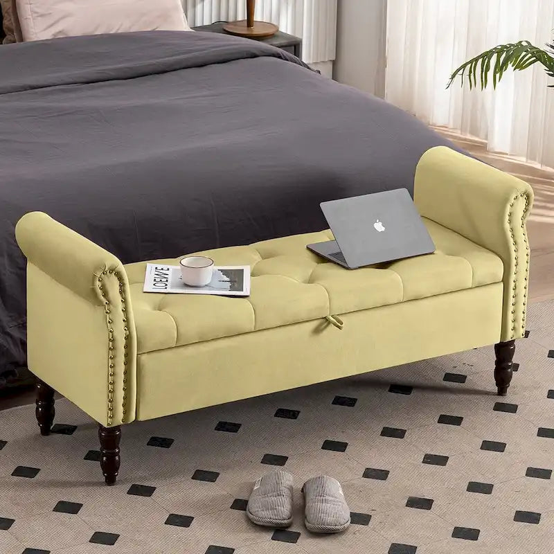Banc de rangement en velours et similicuir avec accoudoirs roulés – Simple – Jaune / Noir / Rose / Gris / Beige / Vert / Marron