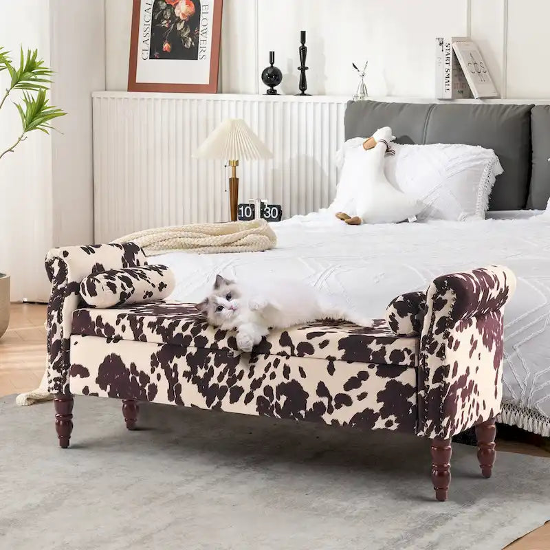 Banc de rangement en velours et similicuir avec accoudoirs roulés – Simple – Jaune / Noir / Rose / Gris / Beige / Vert / Marron