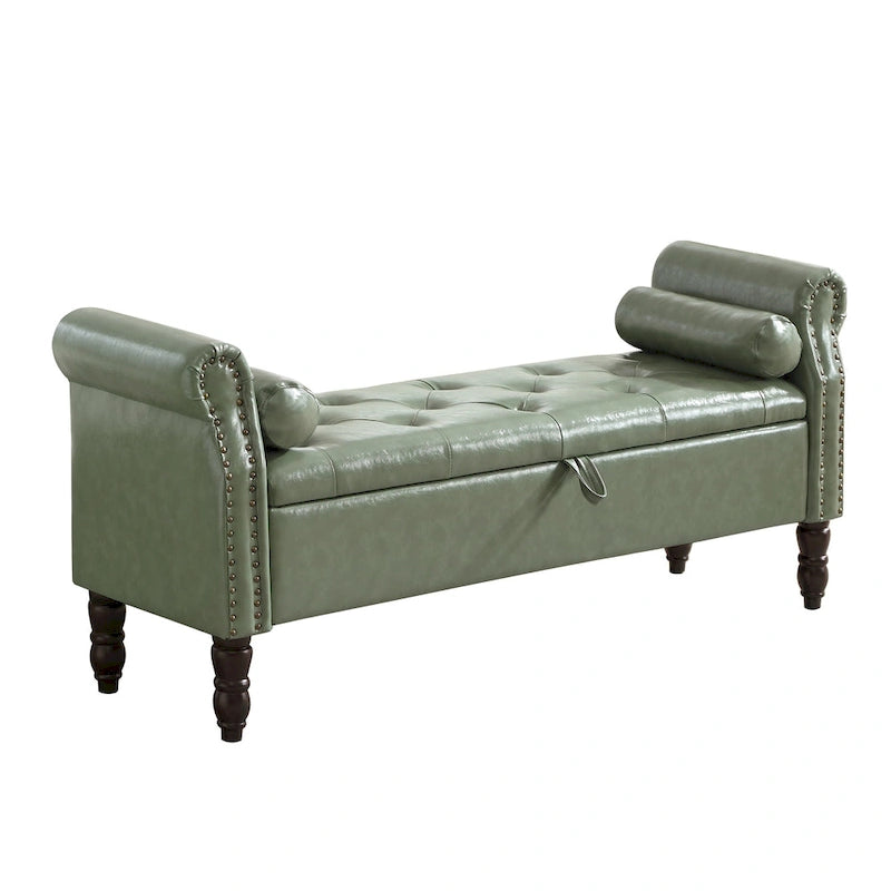 Banc de rangement en velours et similicuir avec accoudoirs roulés – Simple – Jaune / Noir / Rose / Gris / Beige / Vert / Marron
