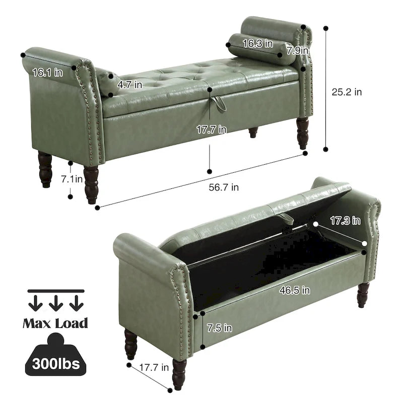 Banc de rangement en velours et similicuir avec accoudoirs roulés – Simple – Jaune / Noir / Rose / Gris / Beige / Vert / Marron