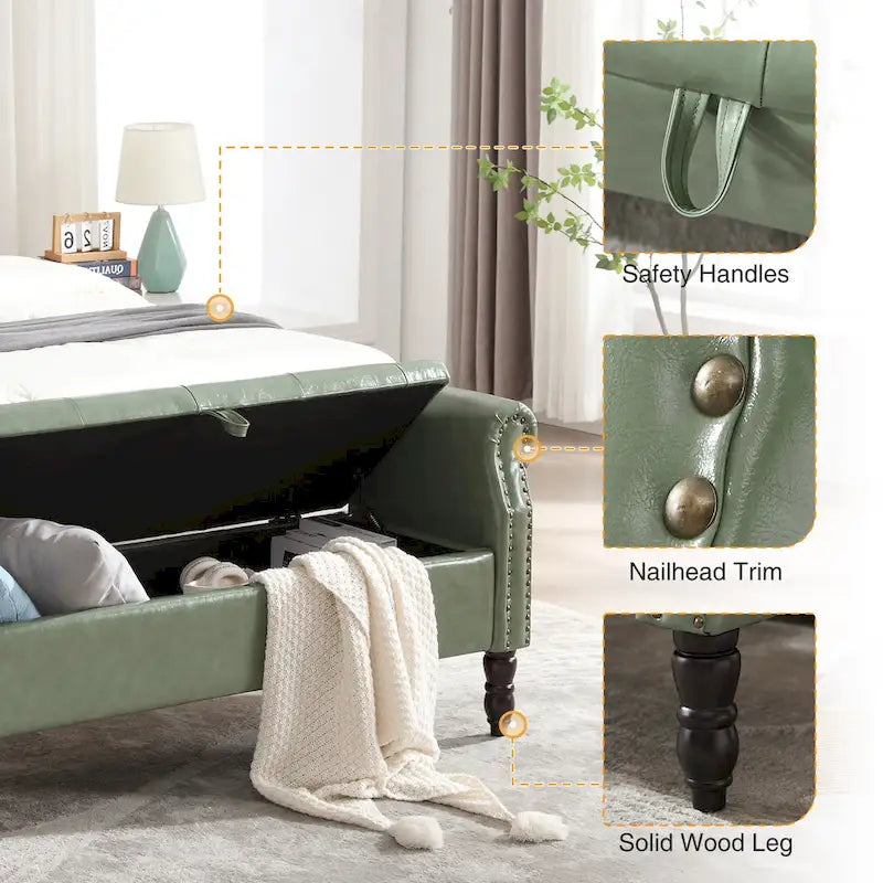 Banc de rangement en velours et similicuir avec accoudoirs roulés – Simple – Jaune / Noir / Rose / Gris / Beige / Vert / Marron