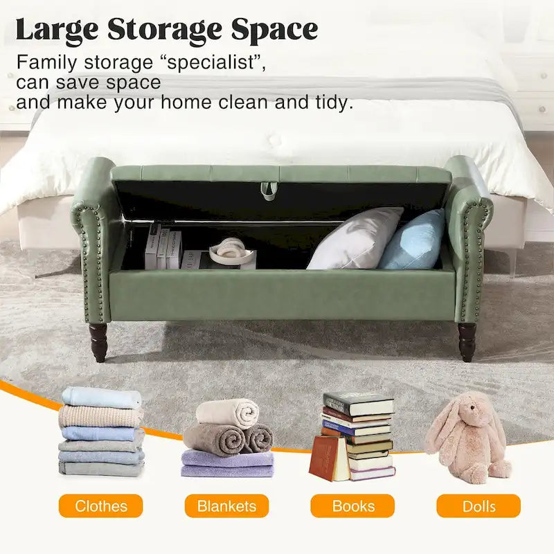 Banc de rangement en velours et similicuir avec accoudoirs roulés – Simple – Jaune / Noir / Rose / Gris / Beige / Vert / Marron