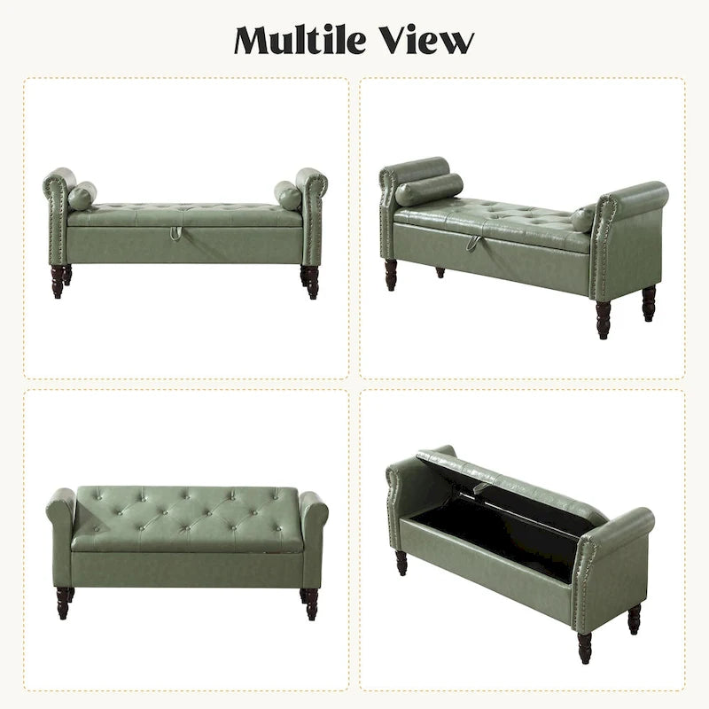 Banc de rangement en velours et similicuir avec accoudoirs roulés – Simple – Jaune / Noir / Rose / Gris / Beige / Vert / Marron