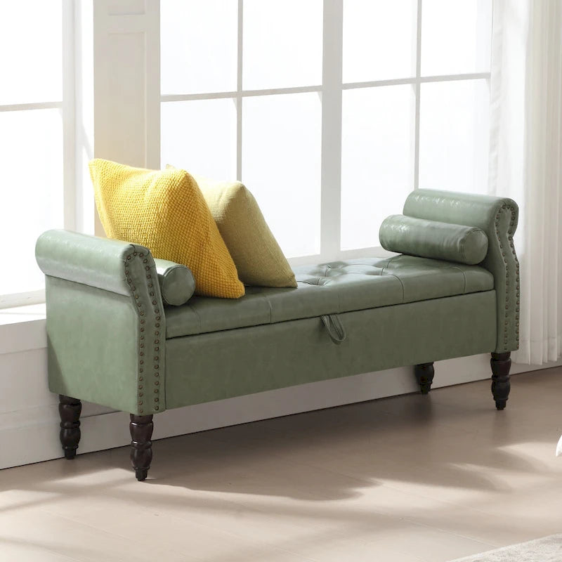 Banc de rangement en velours et similicuir avec accoudoirs roulés – Simple – Jaune / Noir / Rose / Gris / Beige / Vert / Marron