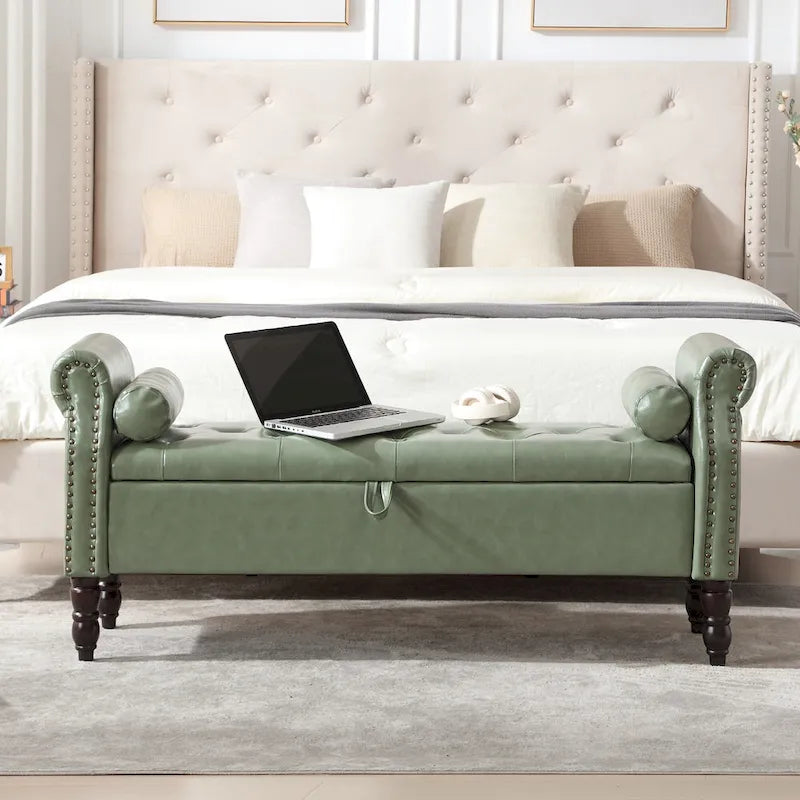 Banc de rangement en velours et similicuir avec accoudoirs roulés – Simple – Jaune / Noir / Rose / Gris / Beige / Vert / Marron