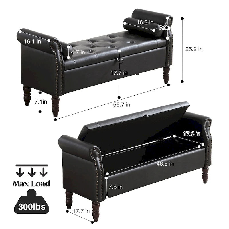 Banc de rangement en velours et similicuir avec accoudoirs roulés – Simple – Jaune / Noir / Rose / Gris / Beige / Vert / Marron