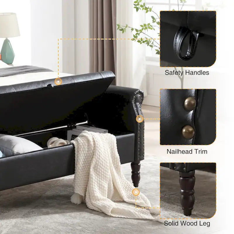 Banc de rangement en velours et similicuir avec accoudoirs roulés – Simple – Jaune / Noir / Rose / Gris / Beige / Vert / Marron
