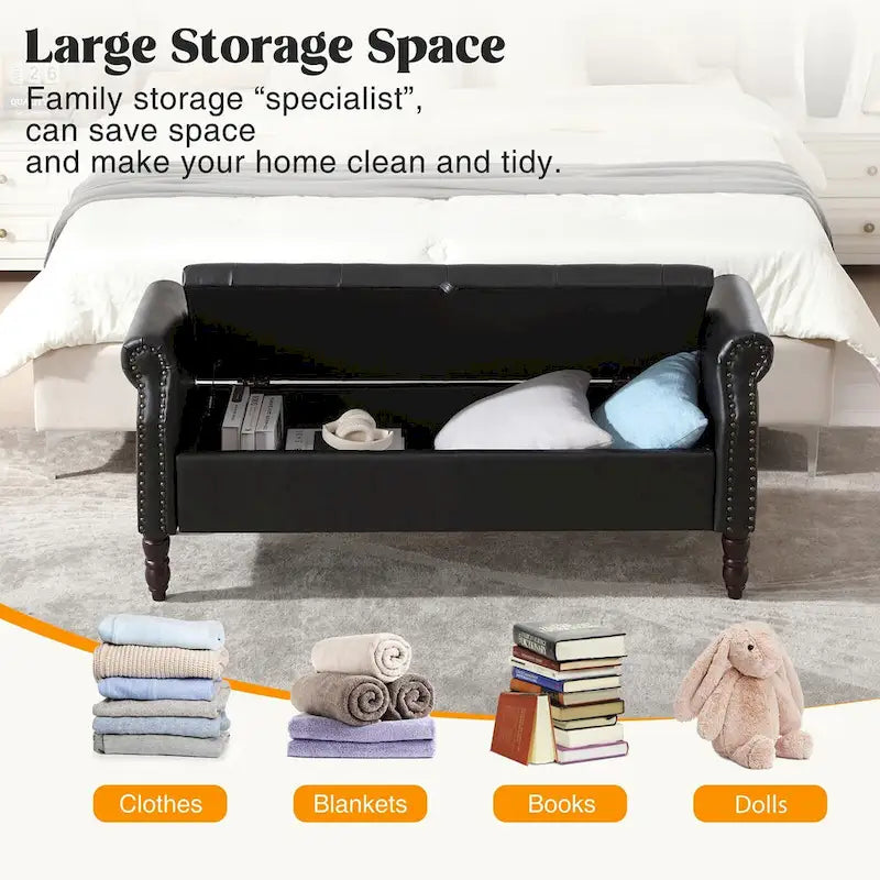 Banc de rangement en velours et similicuir avec accoudoirs roulés – Simple – Jaune / Noir / Rose / Gris / Beige / Vert / Marron