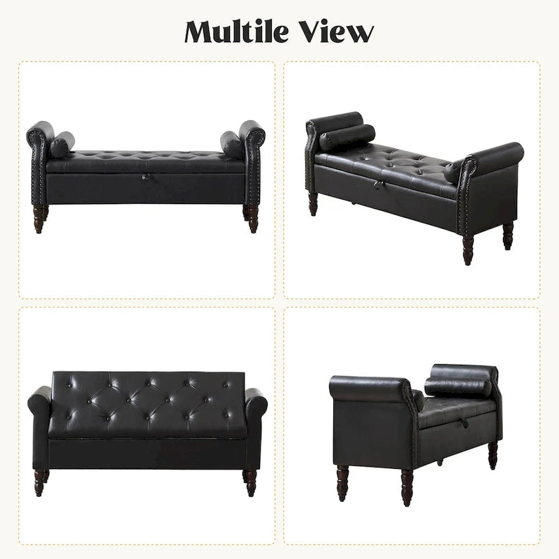 Banc de rangement en velours et similicuir avec accoudoirs roulés – Simple – Jaune / Noir / Rose / Gris / Beige / Vert / Marron