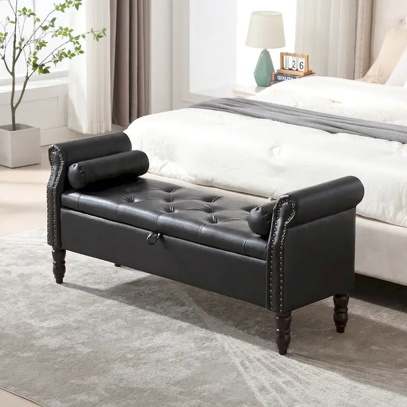 Banc de rangement en velours et similicuir avec accoudoirs roulés – Simple – Jaune / Noir / Rose / Gris / Beige / Vert / Marron