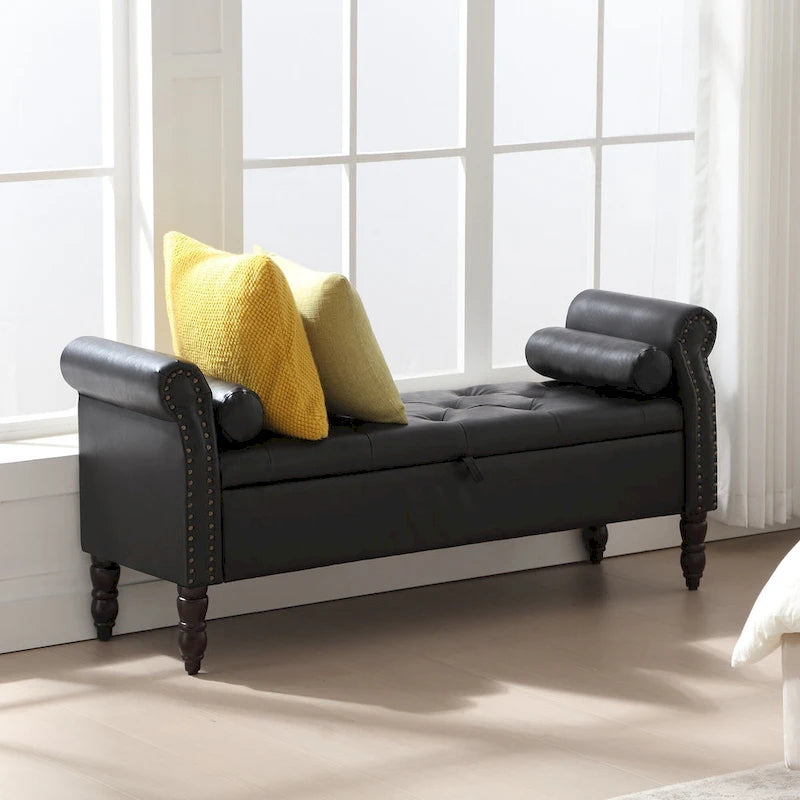 Banc de rangement en velours et similicuir avec accoudoirs roulés – Simple – Jaune / Noir / Rose / Gris / Beige / Vert / Marron