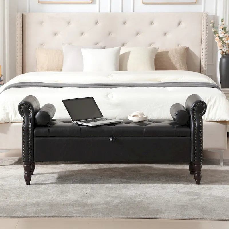 Banc de rangement en velours et similicuir avec accoudoirs roulés – Simple – Jaune / Noir / Rose / Gris / Beige / Vert / Marron