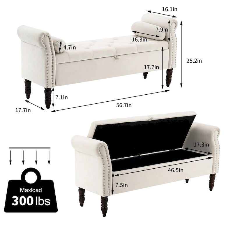 Banc de rangement en velours et similicuir avec accoudoirs roulés – Simple – Jaune / Noir / Rose / Gris / Beige / Vert / Marron