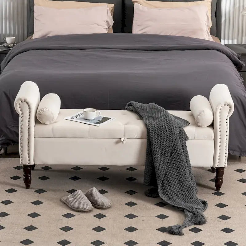 Banc de rangement en velours et similicuir avec accoudoirs roulés – Simple – Jaune / Noir / Rose / Gris / Beige / Vert / Marron