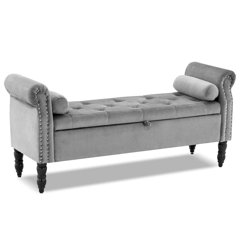 Banc de rangement en velours et similicuir avec accoudoirs roulés – Simple – Jaune / Noir / Rose / Gris / Beige / Vert / Marron