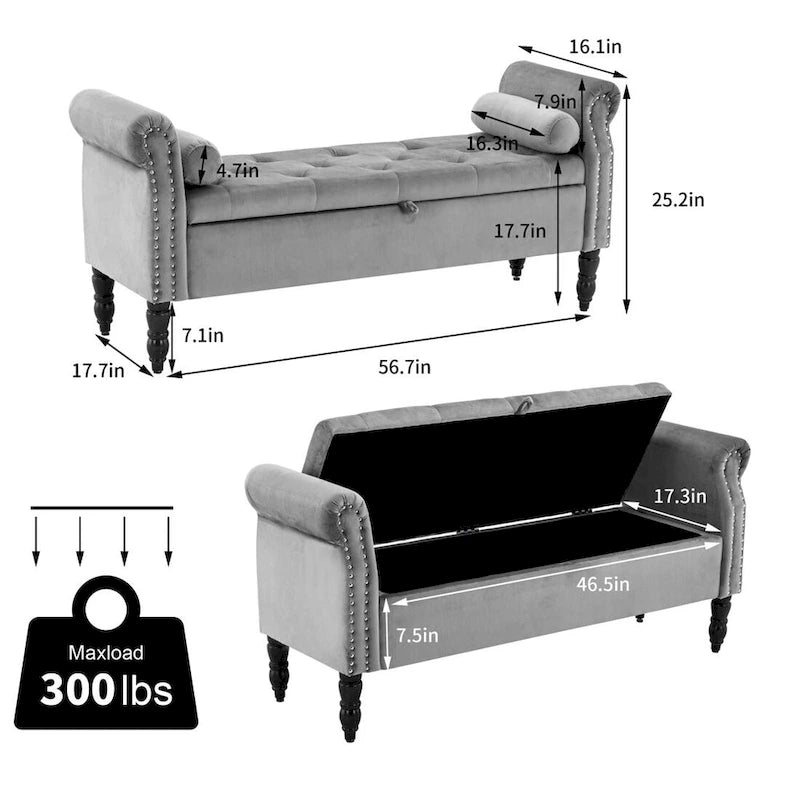 Banc de rangement en velours et similicuir avec accoudoirs roulés – Simple – Jaune / Noir / Rose / Gris / Beige / Vert / Marron