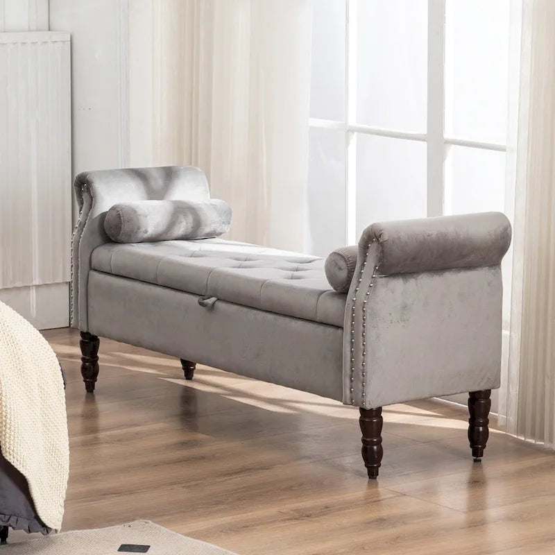 Banc de rangement en velours et similicuir avec accoudoirs roulés – Simple – Jaune / Noir / Rose / Gris / Beige / Vert / Marron