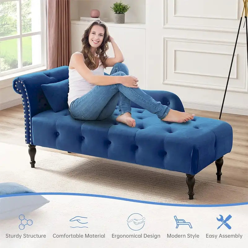 Chaise longue capitonnée en velours bleu / rose / gris / bordeaux / blanc / orange avec oreiller – Individuelle