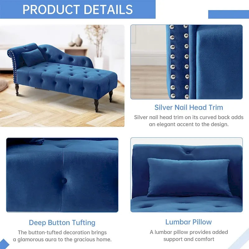 Chaise longue capitonnée en velours bleu / rose / gris / bordeaux / blanc / orange avec oreiller – Individuelle