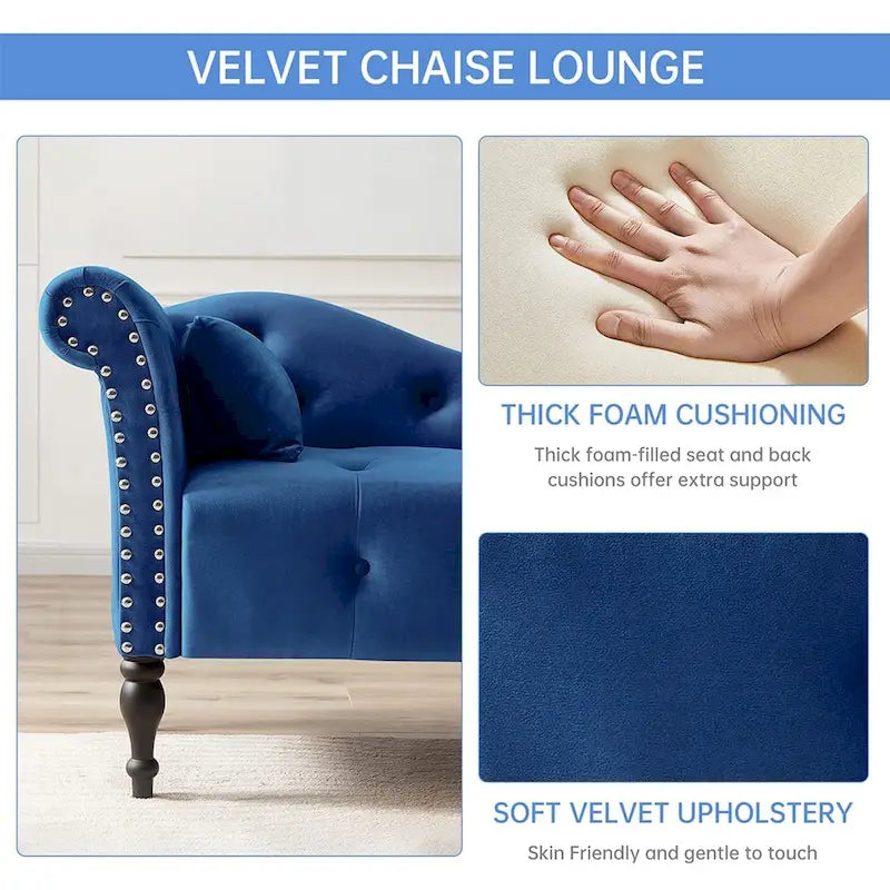 Chaise longue capitonnée en velours bleu / rose / gris / bordeaux / blanc / orange avec oreiller – Individuelle