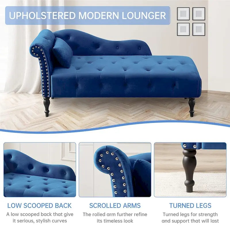 Chaise longue capitonnée en velours bleu / rose / gris / bordeaux / blanc / orange avec oreiller – Individuelle