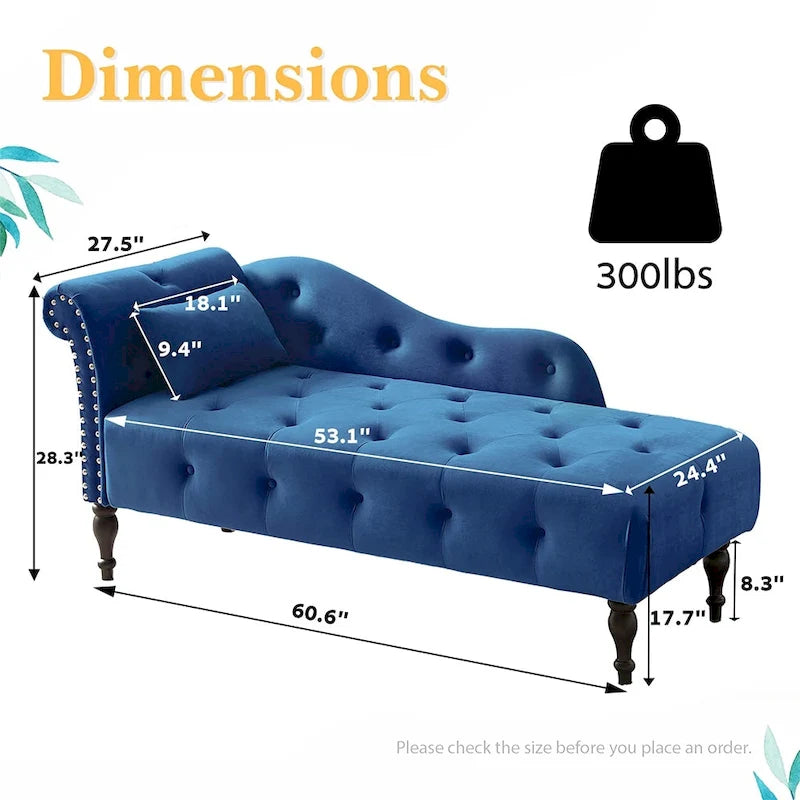 Chaise longue capitonnée en velours bleu / rose / gris / bordeaux / blanc / orange avec oreiller – Individuelle