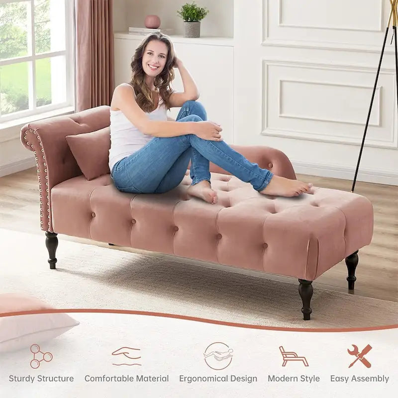 Chaise longue capitonnée en velours bleu / rose / gris / bordeaux / blanc / orange avec oreiller – Individuelle