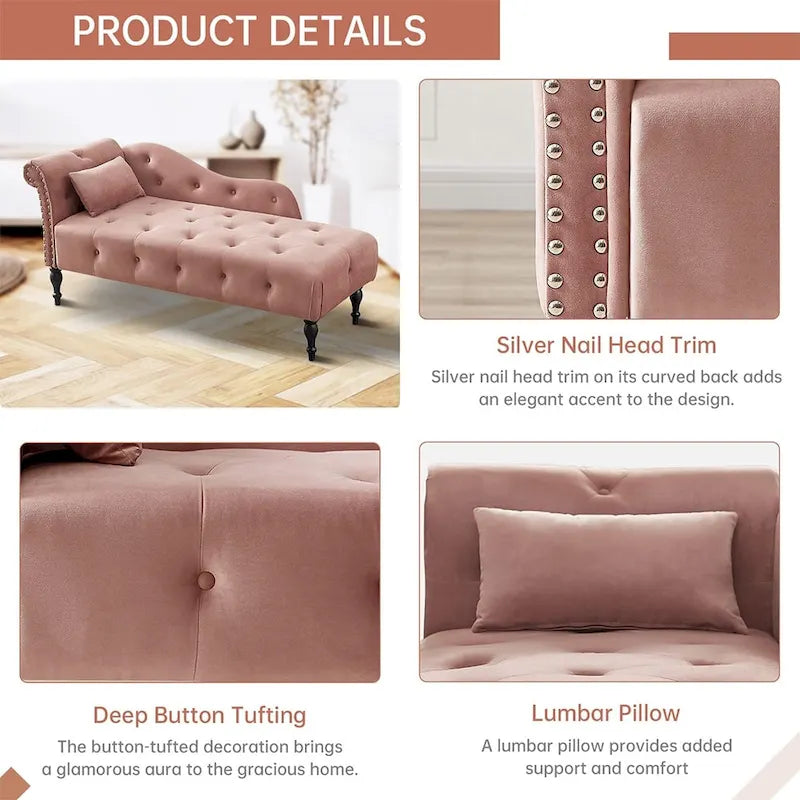 Chaise longue capitonnée en velours bleu / rose / gris / bordeaux / blanc / orange avec oreiller – Individuelle