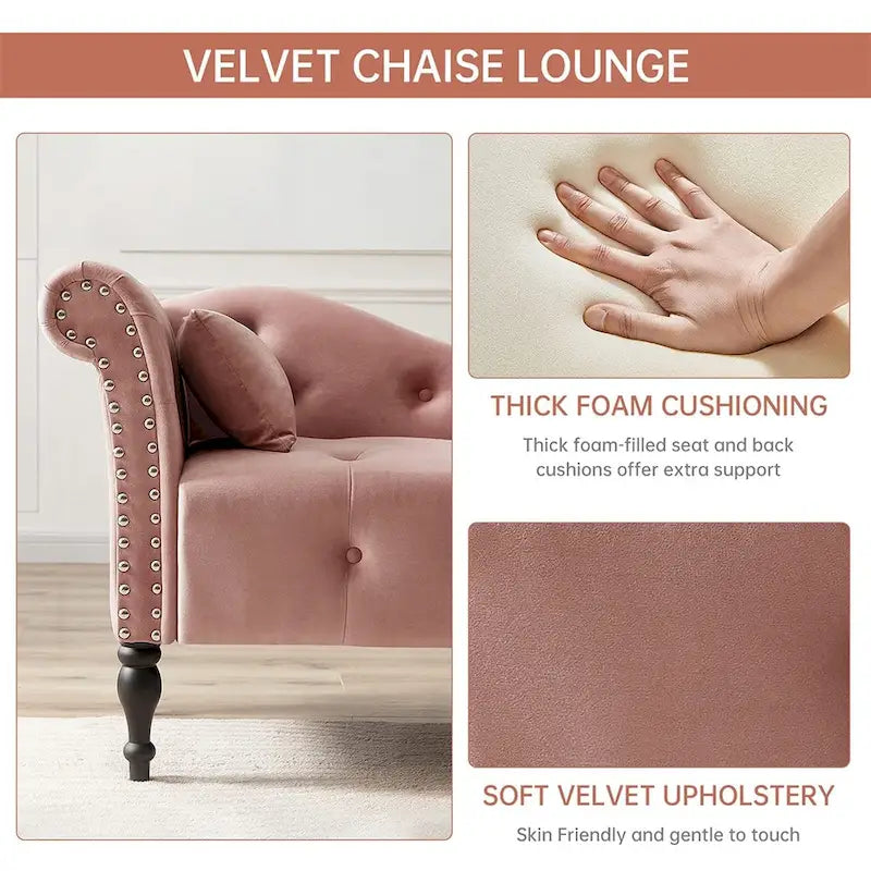 Chaise longue capitonnée en velours bleu / rose / gris / bordeaux / blanc / orange avec oreiller – Individuelle