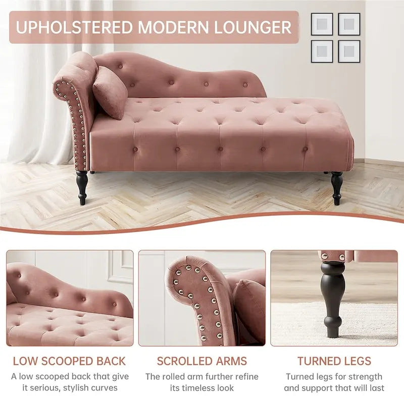 Chaise longue capitonnée en velours bleu / rose / gris / bordeaux / blanc / orange avec oreiller – Individuelle