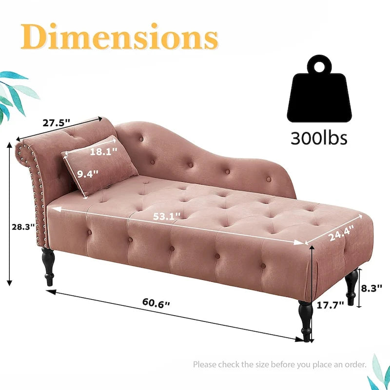 Chaise longue capitonnée en velours bleu / rose / gris / bordeaux / blanc / orange avec oreiller – Individuelle